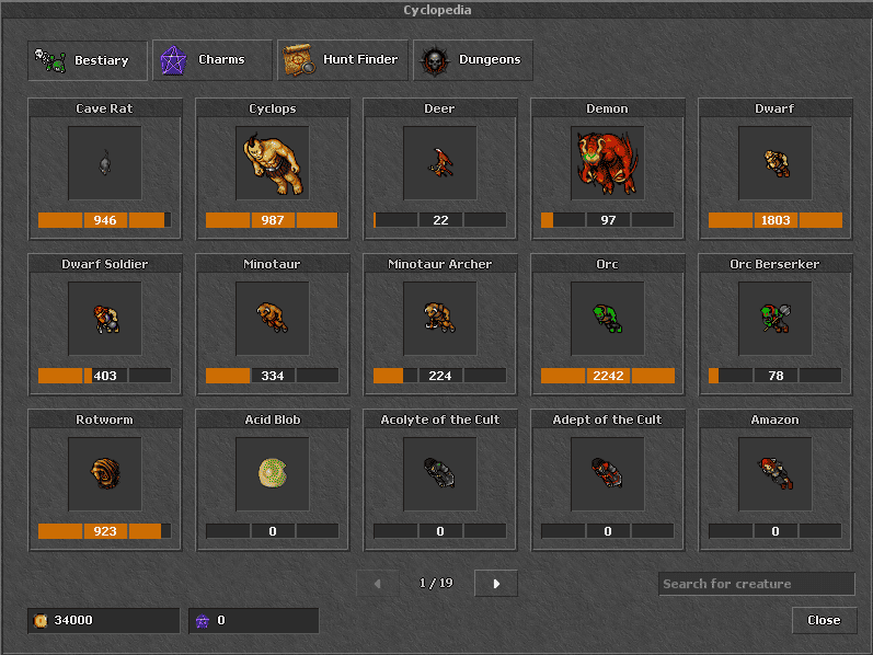 Bestiary interface in the Legacy client