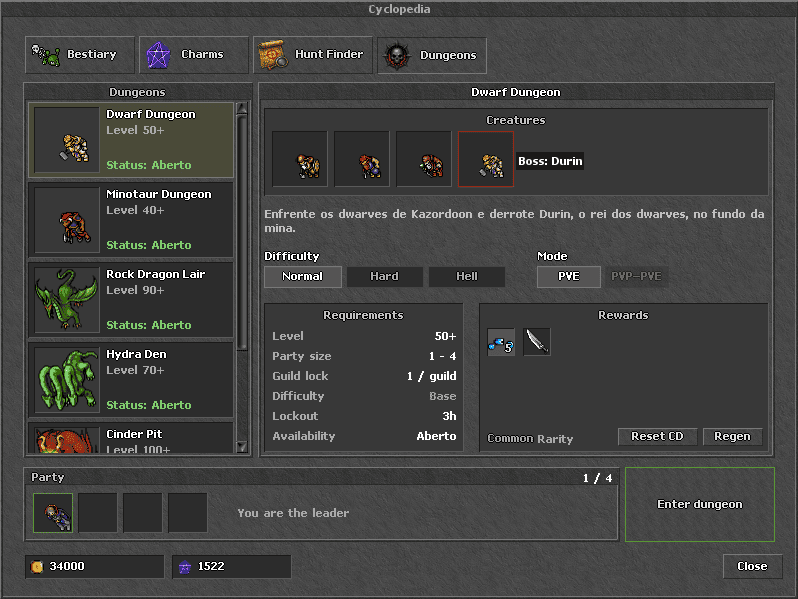 Dungeons interface in the Legacy client