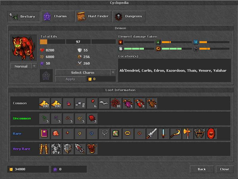Elite Creatures interface in the Legacy client