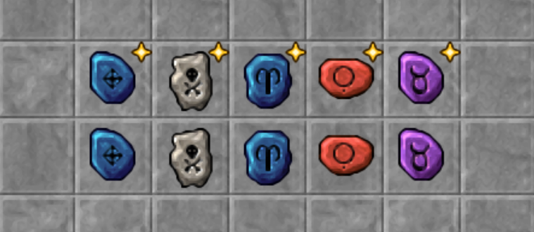 Two rows of runes: handcrafted ones on top, with the golden sparkle in the corner, and NPC-bought ones below